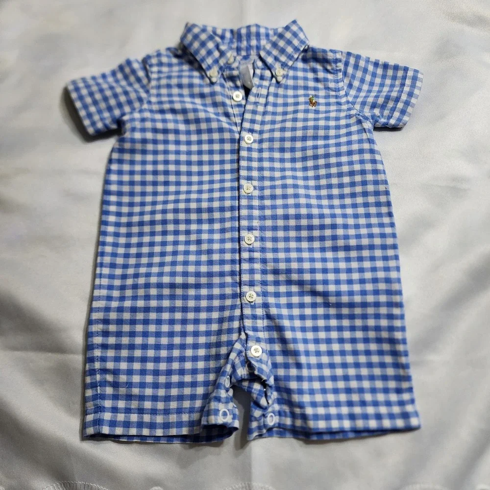 Ralph Lauren Baby Boys Blue Gingham Cotton Oxford Romper 3M Short Sleeve